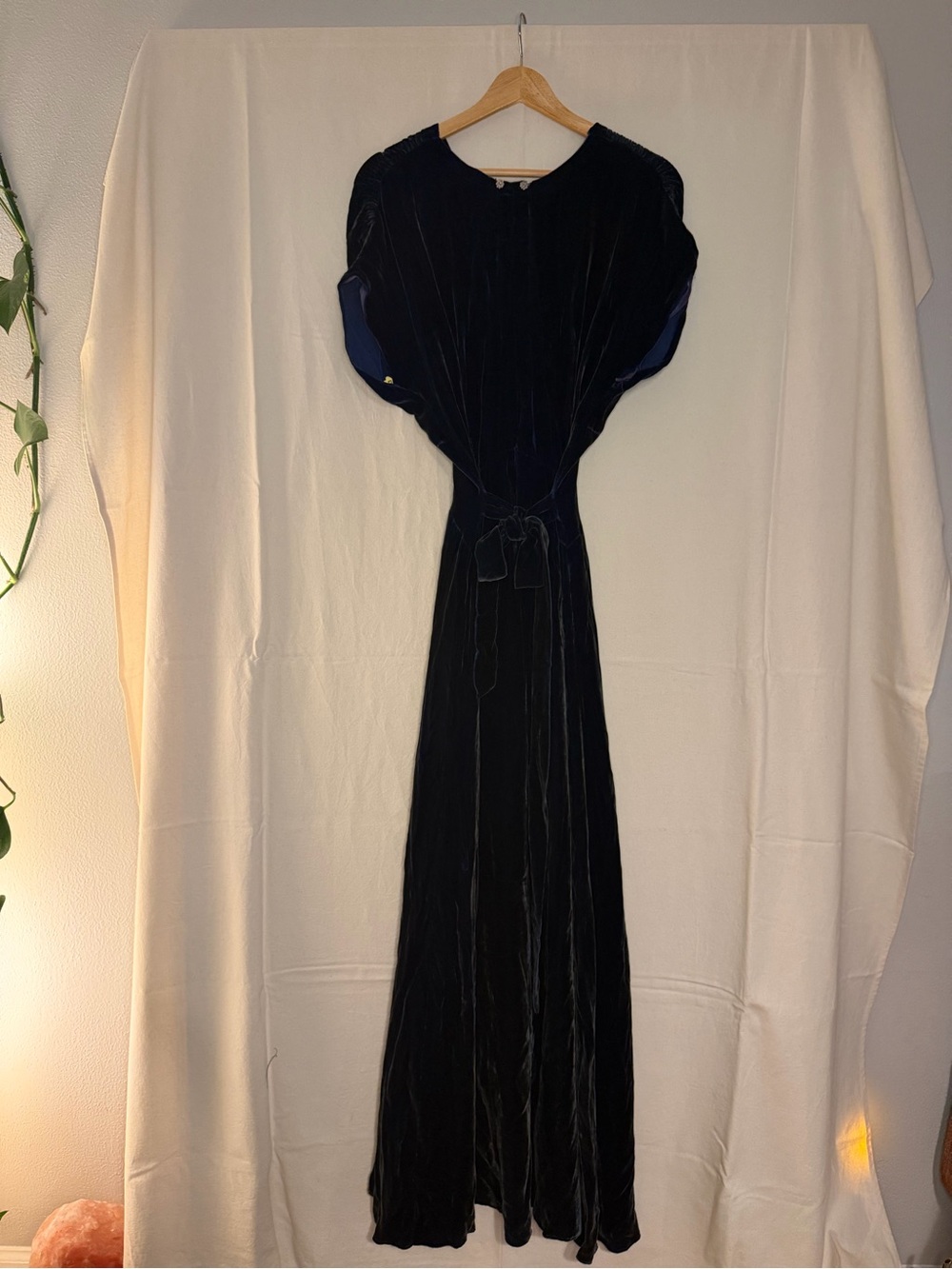 True Vintage Handmade Elegant Blue Velvet Long Dress with Button Front - Picture 6 of 7